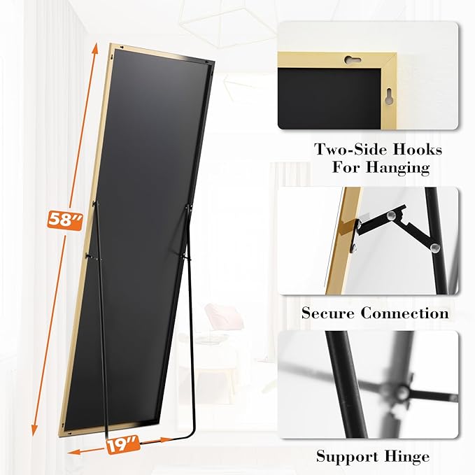 DUMOS Full Length Mirror 19"x 58.5" for Bedroom, Full Body Mirror with Stand, Hanging or Leaning for Wall, Aluminum Alloy Thin Frame Floor Standing for Living Room, Long, Gold