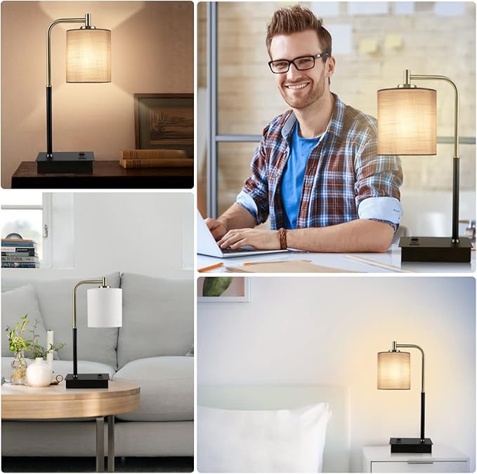 2-Pack Touch Bedside Lamps - 3-Way Dimmable with USB A+C & AC Outlet, 2700K Warm White LED Table Lamps for Bedroom/Living Room/Office, White Linen Shade (Include 2 Bulbs)