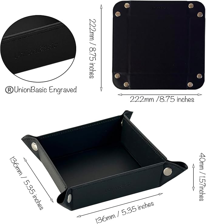 UnionBasic Small Valet Tray, Jewelry Tray for Rings Watches Earrings, Entryway Catchall Caddy for Coins Keys Change, Nightstand Bedside Valet Holder, Trays for Electronic Gadgets, Black