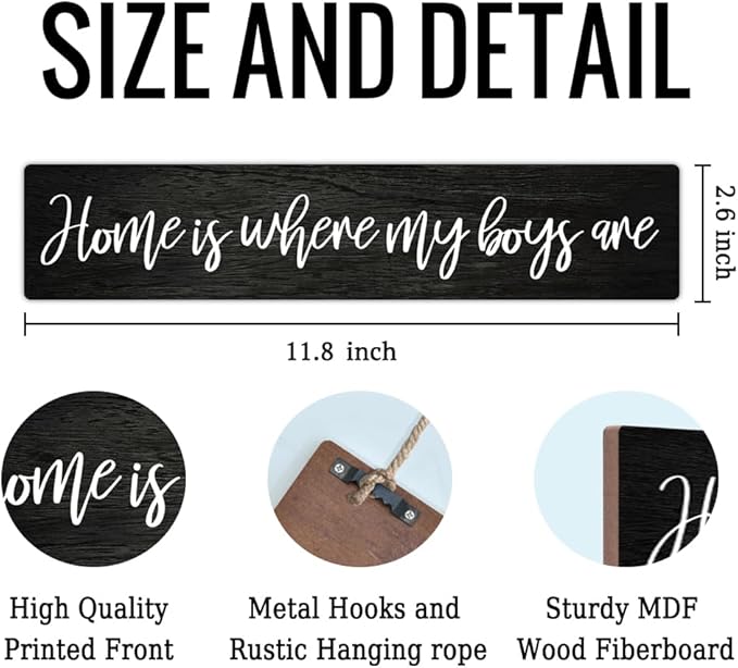 AGMDESIGN Home Is Where My Boys Are Wood Sign, Farmhouse Bedroom Kitchen Living Room Hanging Wooden Plaque for Moms with Sons, Rustic Home Wall Decor for Shelf Door, Great Gifts for Mothers of Boys