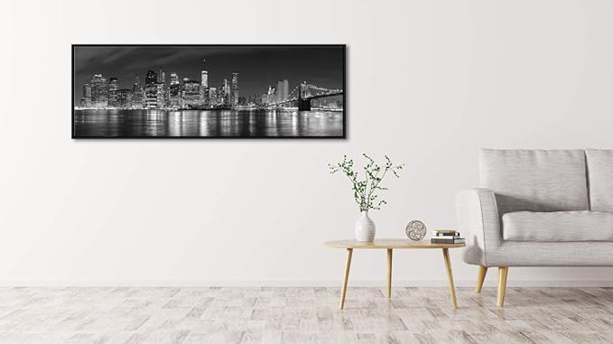Wieco Art Framed Wall Art New York Manhattan Night View Black and White Wall Decor Canvas Prints Modern Canvas PrintsCityscape Pictures Paintings on Canvas for Bedroom and Living Room
