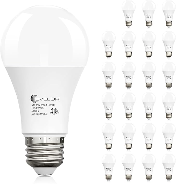 24-Packs A19 LED Light Bulbs,100 Watt Equivalent Daylight 5000K Bright Bulbs Efficient 13W,1500 Lumens E26 Base, Non-Dimmable, 15000-Hour Lifespan for Bedroom, Living Room, Office