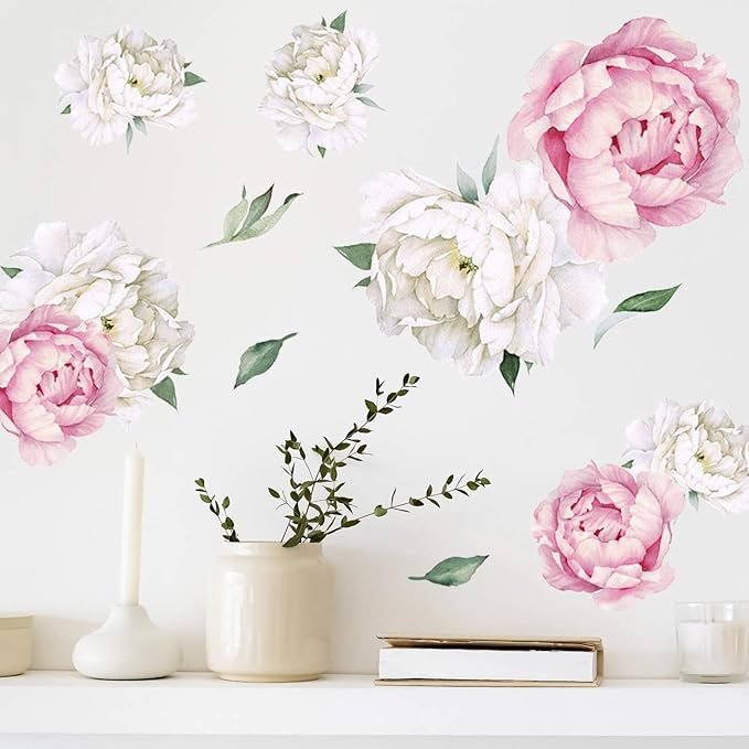 Peony Watercolor Wall Decals (Pink and White Watercolor) - Spring Decor Flowers Decals for Wall - Botanical Bedroom Sticker Girls - Floral Peonies Pink Botanical Stickers Bedroom Nursery w/test Sample