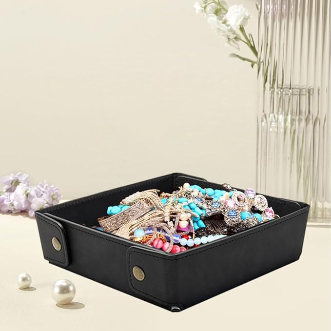 Portable PU Leather Valet Tray for Travel Foldable Leather Jewelry Storage Case Catchall Dish Plate Necklace Black Pendant Organizer Holder Container for Men Women Desk Bedside Drawers