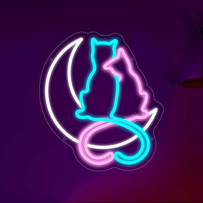 Moon Cat Neon Signs for Wall Decor, Cute Cat Led Sign, USB LED Light Sign for Bedroom Decor, Neon Sign Gift for Girls, Light Up Sign for Birthday Party Decoration