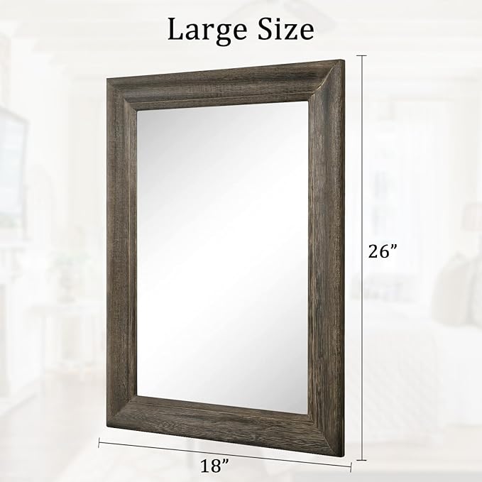 Retro Wall Mirror with Wood Framed Large Rectangle Hanging Mirrors 26"x18" Decorative for Bathroom Bedroom Living Room