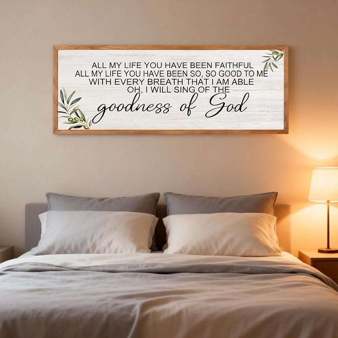 Goodness of God Christian Wall Decor: 40x15 Inch Large Framed Christian Inspirational Wall Art, Religious Scripture Quote Wooden Sign, Black Frame Christian Home Decor for Living Room Bedroom, Natural