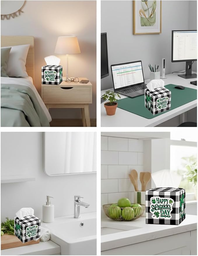 St.Patrick's Day Napkin Tissue Box Cover, Buffalo Plaid Gnome Waterproof Leather Paper Organizer Dispenser for Table Dining, Bathroom, Nightstand Vanity, Car, Housewarming Gift Ideas, G