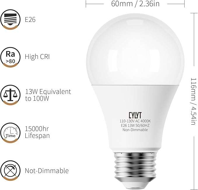 100W Equivalent Bright LED Light Bulbs, Neutral White 4000K A19 Lightbulbs, Focos LED para Casa, for Kitchen Bedroom Indoor, 1500 Lumens, E26 Standard Base, 4-Pack, Non-Dimmable