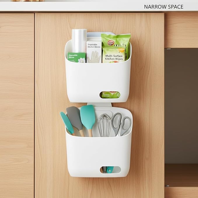 LeleCAT Plastic Hanging Basket Kitchen Storage organizer, Basket with Detachable hook, Hang it behind a door or on a railing, Over the Cabinet Door (Light White, Large) 2pack
