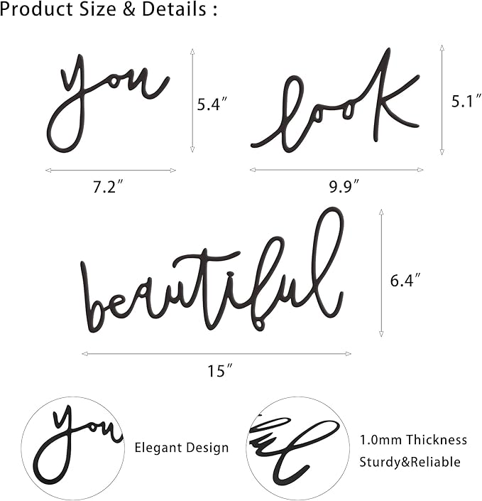 Metal You Look Beautiful Wall Decor - Inspirational Vanity & Bathroom You Look Beautiful Sign for Women's Aesthetic Room Décor