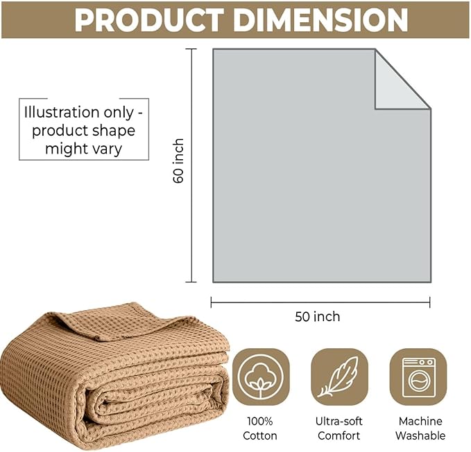 100% Cotton Blankets for Bed - Waffle Weave Blankets for Summer, Lightweight and Breathable Soft Woven Blanket for Spring (Beige, Throw (50" x 60"))