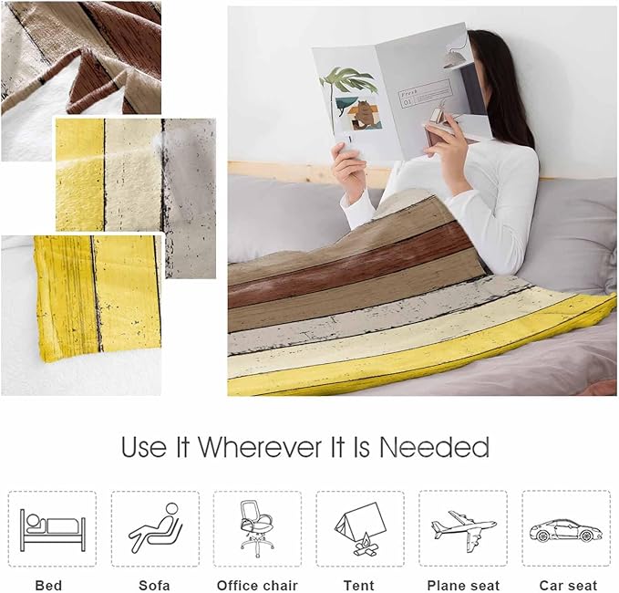 Farmhouse Yellow Brown Throw Blanket, Soft Fluffy Fuzzy Blankets & Throws for Bed/Couch, Vintage Country Wooden Lightweight Warm Blankets for Women Christmas Decor 60"x80"