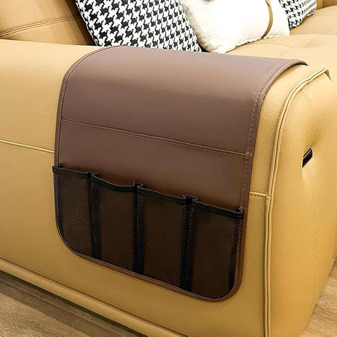 Sofa Armrest Organiser Non Slip Leather Couch Armrest Caddy Bedside Hanging Pouch Sofa Arm Tray Organizer with 5 Pockets for TV Remote Holder Magazines iPad Phone (Brown, one size)