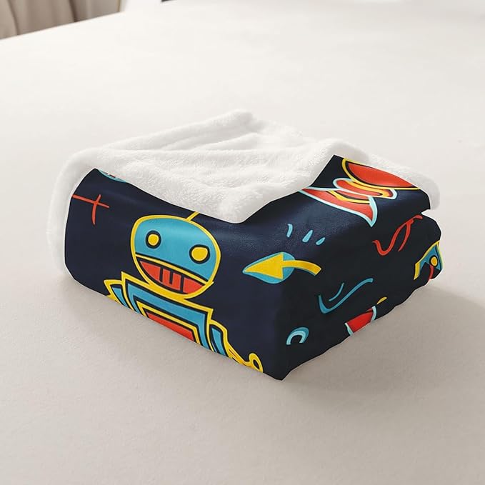 Erosebridal Nursery Robot Sherpa Blanket Cartoon Robot Blanket Throw Rocket Fleece Blanket for Kids Boys Girls Gear Machine Science Fuzzy Blanket Twin 60"x80" Blue Orange Child Sofa Decor