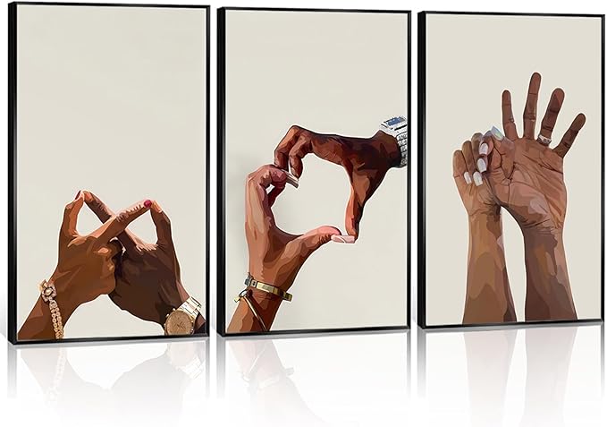 3Pcs Black Couple Wall Art Holding Hands Heart Love Wall Decor Afro Women Men Canvas Poster Prints for Living Room Bedroom Bathroom Decoration Unframed (12x16in)