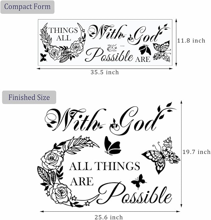 Inspirational God Things are Possible Vinyl Wall Sticker Peel and Stick Quote Bible Sticker Christian Wall Decor Quote Wall Art Stickers for Home Walls Living Room Bedroom Decoration