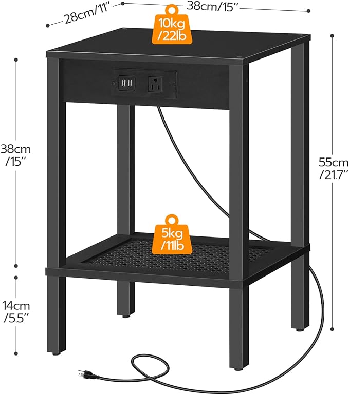 HOOBRO Side Table with Charging Station, Set of 2 End Table with USB Ports and Outlet, Nightstand with 2-Tier Storage Shelf, Faux Rattan Decoration, for Small Space, Black BK91UBZP201