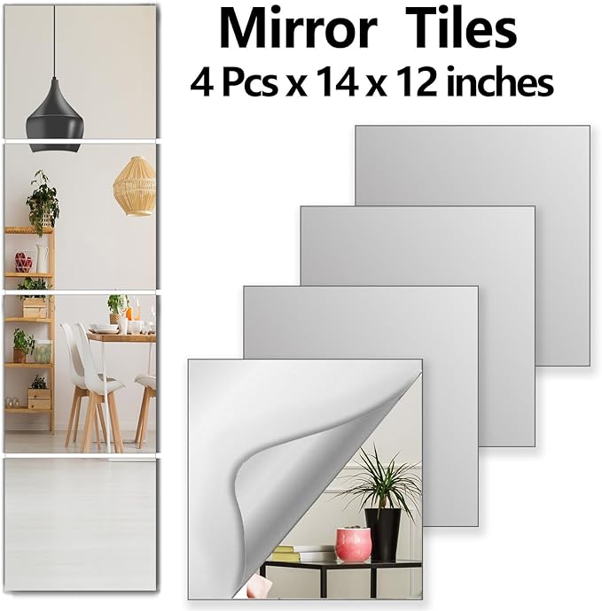 Shatterproof Wall Mirror Full Length for Bedroom, Acrylic Gym Mirrors For Home, Extra Thick : 0.12 Inch, 14 x 12 Inches x 4 PCS, Workout Mirrors Safe for Kids, Over The Door, Long Wall Mounted Mirror