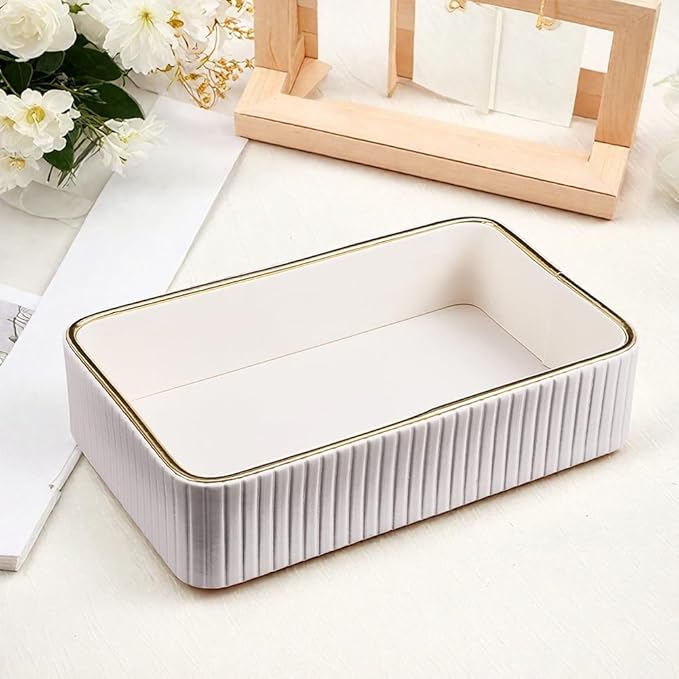 Beebeecraft Imitation Leather Desk Organizer Tray Floral White Small Nightstand Organizer Bedside Desktop Storage for Women Men Perfume Trinket Catchall Vanity Tray for Key Watch Wallet