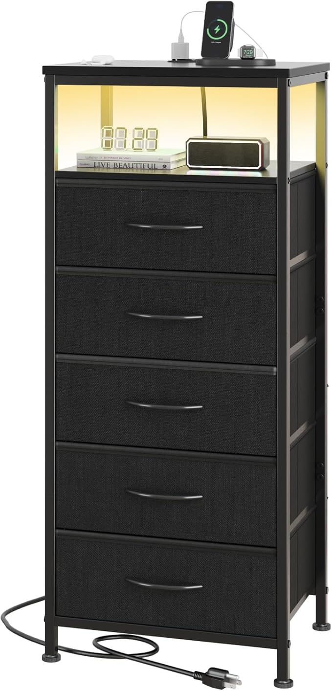 DUMOS Nightstand with Charging Station, Bedside End Table with 5 Fabric Drawers & USB/Type-C Ports and Outlets, Night Stand for Bedroom Furniture, Adjustable Feet and Variable Light Strip, Black
