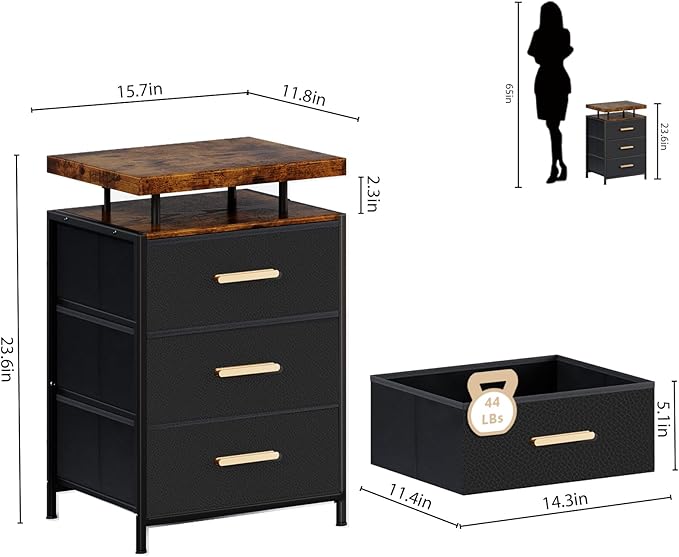 Night Stand with APP Control LED Lights, 3 Fabric Storage Drawers with PU Finish, Floating Top Design, Bedside Table with Open Shelf, End Table for Bedroom, Living Room, Office (Black)