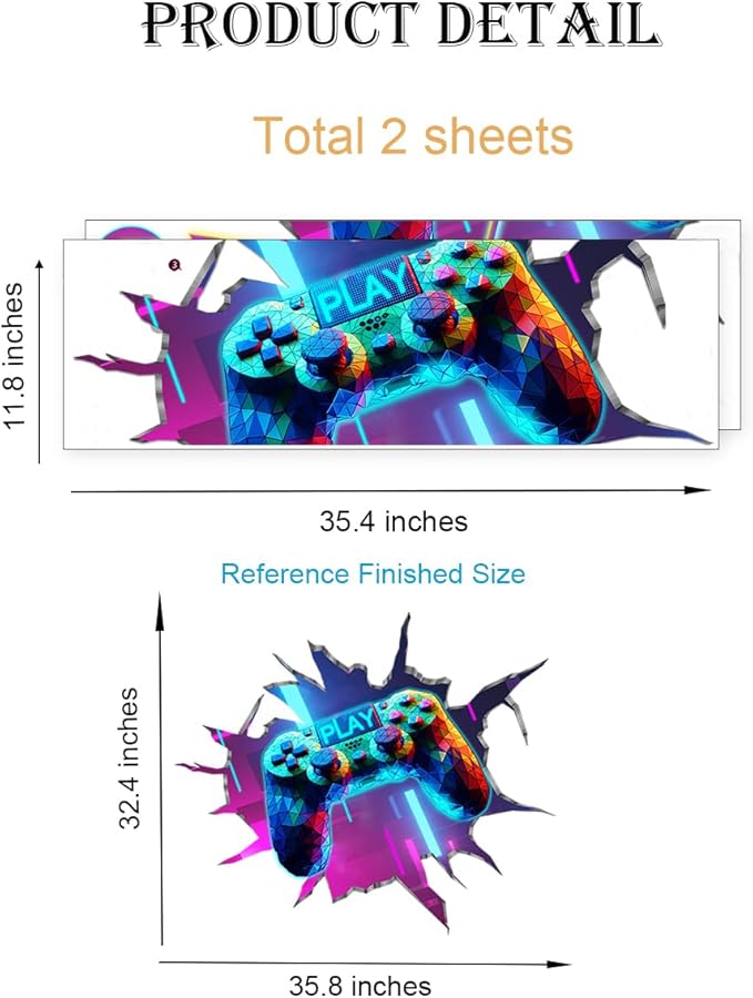 Large 3D Game Wall Decals (35.8”x32.4”), Gaming Break Through The Wall Vinyl Wall Stickers for Game Lover, Removable Video Games Artwork for Boys Playroom Bedroom Decor