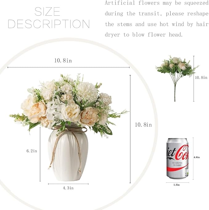 Peonies Artificial Flowers in Vase, Fake Hydrangea Silk Peony Flower Bouquet with Vase Faux Flowers Arrangement Decor Home Table Dining Room (White)