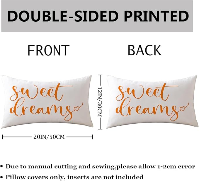 Bedding Decorative Lumbar Pillowcases Sweet Dreams Good Night Cushion Covers Sleep Themed Decorative Throw Pillow Covers 12''x20'',2Pack Super Soft for Bedroom Guest Room Housewarming Gifts (Orange)