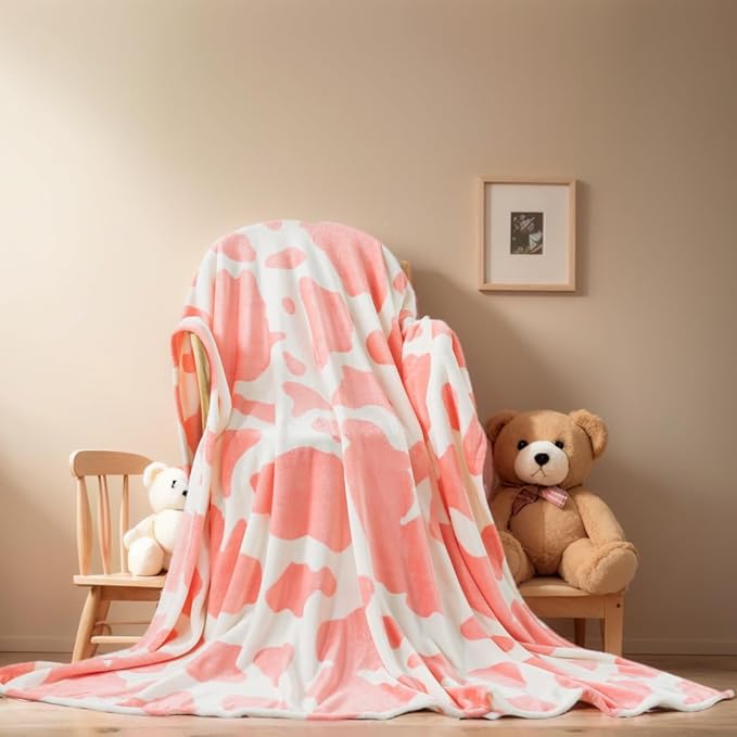 Richave Fleece Cow Print Blanket for All Season - Premium Lightweight Anti-Static Pink and Ivory Throws Travel Blankets Plush Gift for Daughter Mom, Bedroom Decor 51" x 60"(Pink Cow)