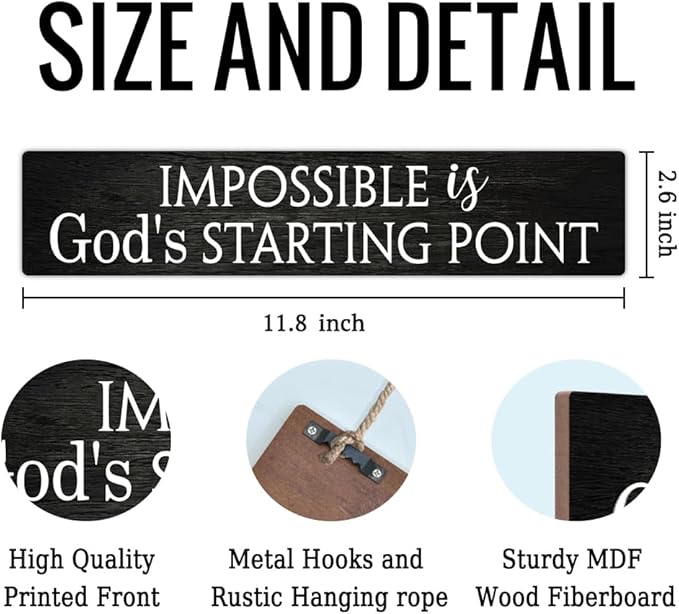 AGMDESIGN Impossible Is God's Starting Point Wood Sign, Christian Wall Art Decor for Shelf Desk Door, Inspiring Wooden Hanging Plaque for Home Church Youth Fellowship Farmhouse Bedroom Office