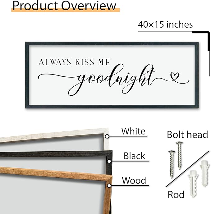 comurdyo Romantic Couple Always Kiss Me Goodnight Sign 40"×15" for Large Modern Rustic Love Theme Master Bedroom Above bed Wood Frame Horizontal Hanging Wall Art Decor (Black)