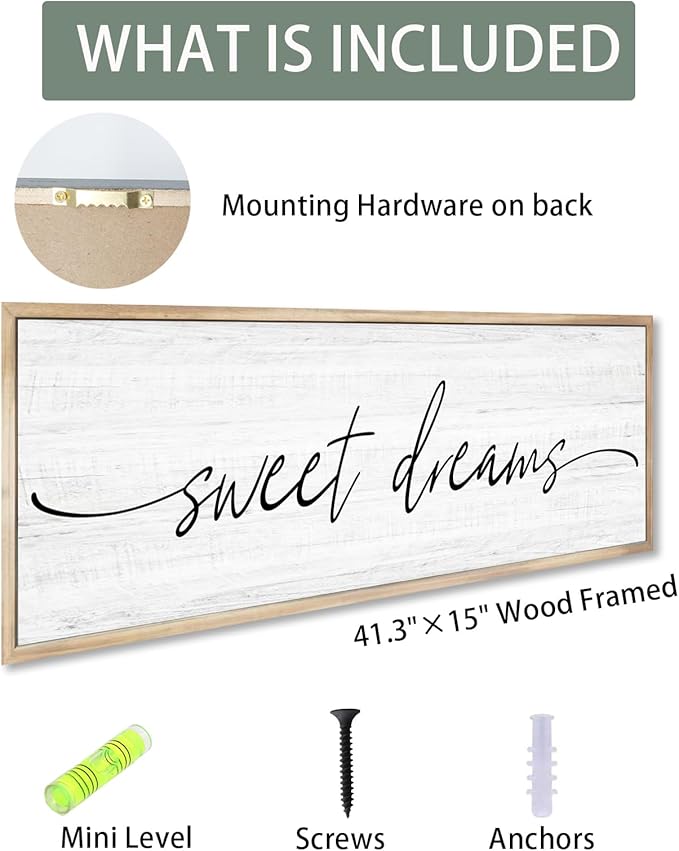 Sweet Dreams Wall Decor Above Bed Large 41''×15'' Farmhouse Wall Decor for Bedroom Guest Room Decor Framed Wood Wall Art Rustic Master Bedroom Wall Decoration 01 (brown frame)