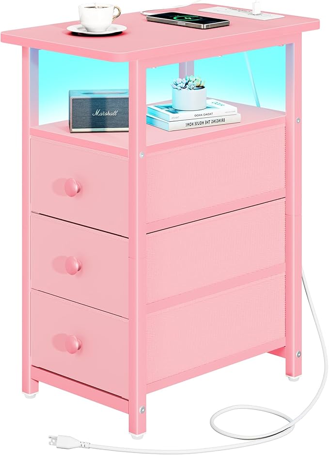 Yoobure End Table with Charging Station, Pink Narrow Nightstand LED Bedside Table, Small Night Stand End Tables Living Room, Skinny Nightstand with 3 Fabric Drawers, Side Table for Small Spaces