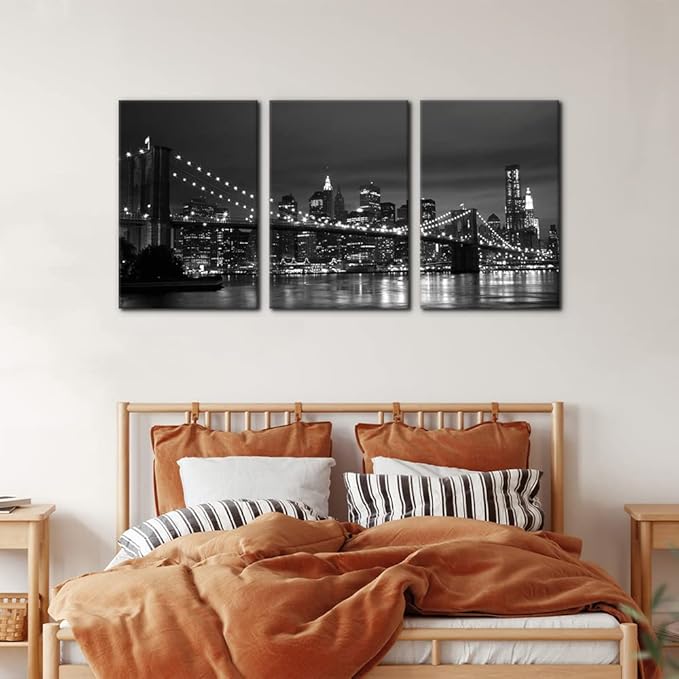 Pacimo New York Brooklyn Bridge Canvas Wall Art 3 Panels Night View Modern Landscape Artwork Cityscape Pictures Prints on Canvas Wall Decor for Home & Office Decoration - 16 x 24 inch x 3
