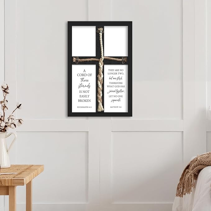 YWJKWLGS A Cord of Three Strands Wedding Ceremony Sign 15x10 Inch Anniversary Unity Knot Cross Christian Marriage Prayer Art Ideas Braid Rope Wall Decor for Couple Religious Wood Framed (Black)