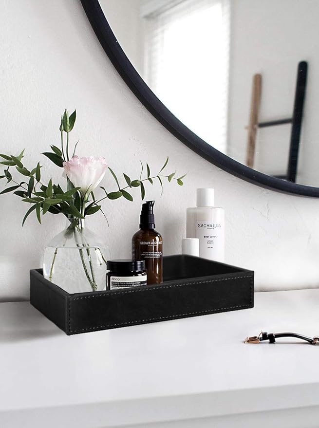 HofferRuffer Faux Leather Vanity Tray, Elegant Desktop Storage Organizer, Decorative Catchall for Perfume, Bathroom Valet, Nightstand or Dresser, Black, 10.2 x 8.4 x 1.8 Inches