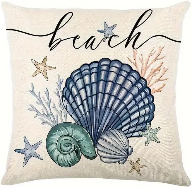 Beach Theme Throw Pillow Covers, 18x18 inches, Set of 4, Coastal Seashell and Starfish Design, Decorative Linen Cases for Living Room