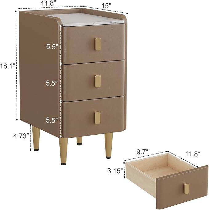 AQIMUELE Narrow Nightstand with Drawers, Narrow Side Table Leather, Small Bedside Tables for Bedroom. (Beige)