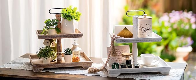 Hanobe Tiered Tray for Table Decor: Spring 2 Tier Decorative Tray Stand for Coffee Bar - Large Farmhouse White Display Stands for Holiday - Wood for Kitchen Counter Decorations
