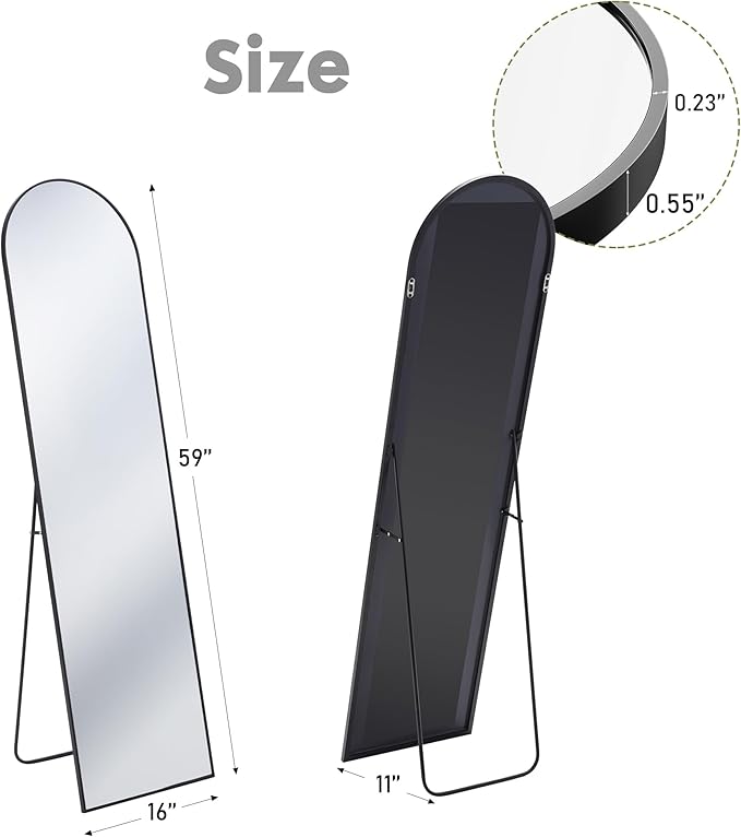 Sweetcrispy Arched 59"x16" Full Length Mirror Full Body Floor Mirror Standing Hanging or Leaning Wall, Arch Wall Mirror with Stand Aluminum Alloy Thin Frame for Bedroom Cloakroom,Black
