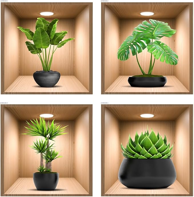 4 Pack 3D Green Plants Wall Decals, 3D Green Pot Plant Succulent Wall Stickers for Sofa Background Bedroom Living Room Kitchen