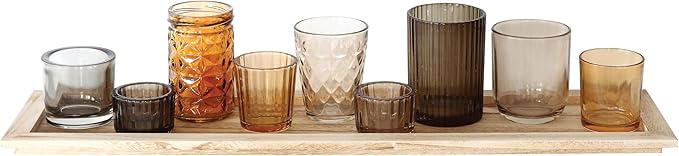 Wood Tray with 9 Brown Glass Votive Holders (Set of 10 Pieces)