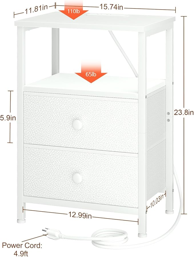 Night Stand with Charging Station, Small Bedside Table with 2 Fabric Drawers, Nightstand with USB Ports & Outlets for Bedroom, Living Room, White, HETS020WT-1