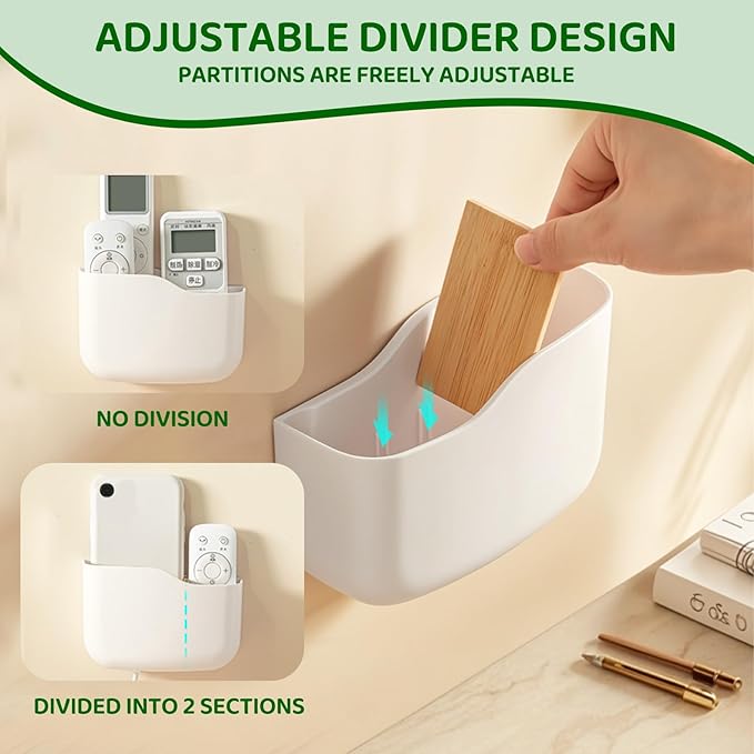 Wall Mount Remote Control Holder, Adhesive Phone Charging Holder, Universal TV Remote Organizer, Controller Storage Organizer Box with Adjustable Divider for Phone,Room, Bedside, Office (L*2)