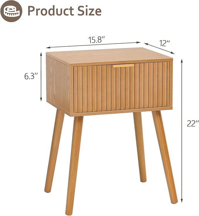 AWASEN Fluted Nightstand, Small Bedside Table with Storage Drawer, Accent End Table Living Room for Bedroom and Small Space, Brown