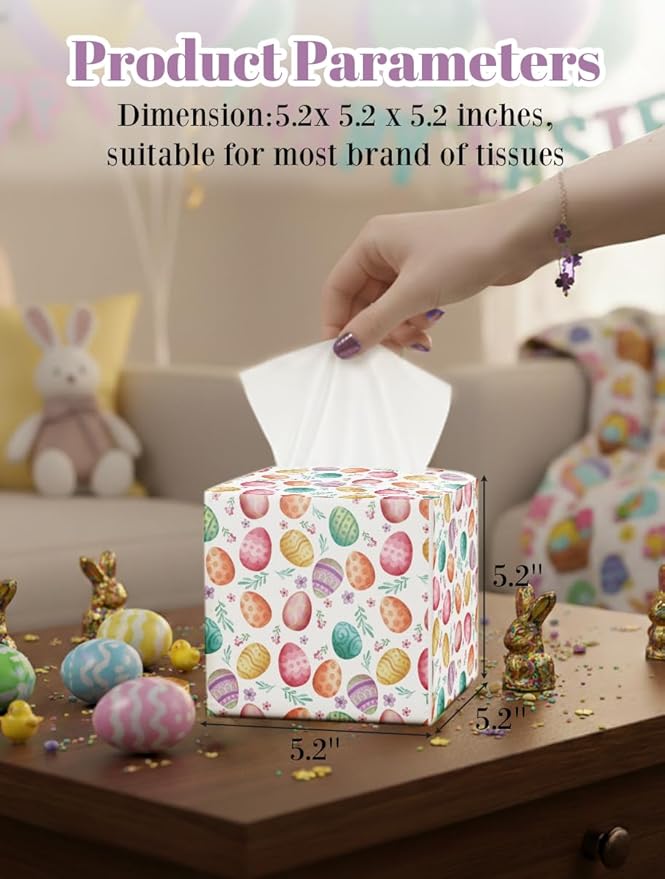 Easter Day Napkin Tissue Box Cover, Floral Eggs Waterproof Leather Paper Organizer Dispenser for Table Dining, Bathroom, Nightstand Vanity, Car, Housewarming Gift Ideas, J