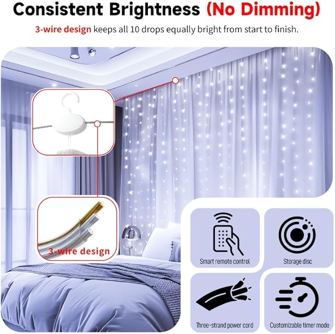 HXWEIYE 300LED Untangled Curtain Lights, 9.8x9.8Ft USB Fairy Twinkle String Lights with Remote and DIY Timer, 8 Modes Window Wall Hanging Light for Bedroom Dorm Backdrop Room Decor, White