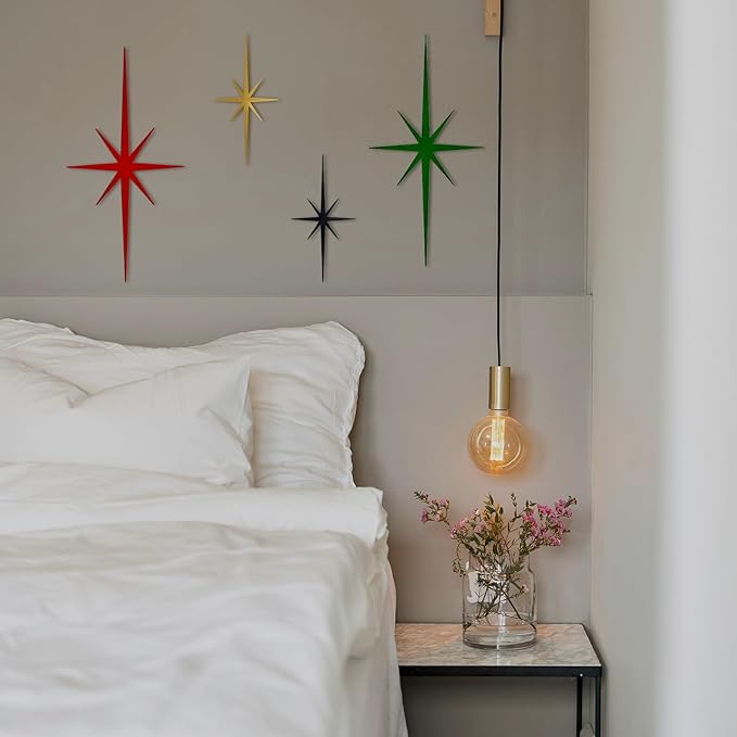 sxnzequnze 4 Pack Metal Star Wall Art 8 Pointed Starburst Wall Decor Set with 2 Large & 2 Small Pieces Mid Century Celestial Metal Wall Sculpture for Bedroom Living Room Office Gallery Wall