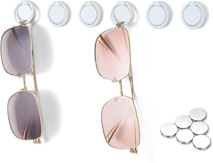 6 Pack Wall Mounted Sunglasses Organizer Holder - Hanging Eyeglass Display and Storage for Sunglasses (White)